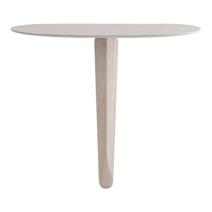 Round white tabletop with a natural wood leg, featuring a simple and modern design. Perfect for any decor.