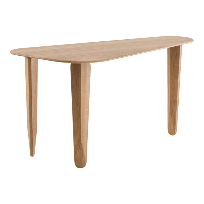 Light natural wood table with smooth, curved edges and tapered legs, showcasing a minimalist design.