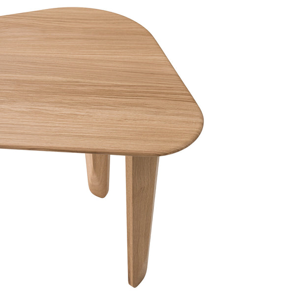 Light oak wood table with a smooth, natural finish and rounded edges, featuring a minimalist design.