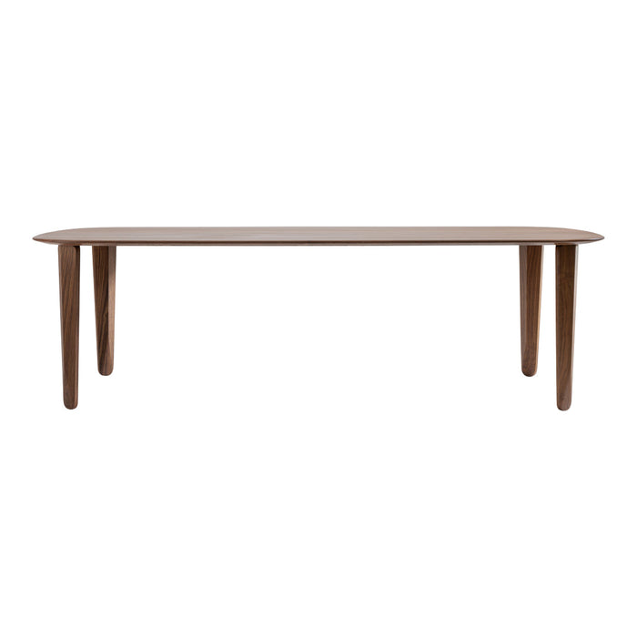 "Rectangular wooden dining table in rich brown finish with sleek, minimalist design and rounded edges."