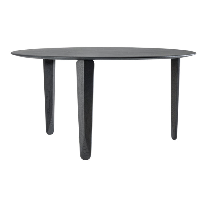 Round black dining table with a smooth surface and angular legs, showcasing a sleek modern design.