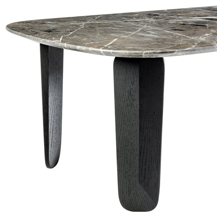 Gray marble tabletop with intricate veining; black wooden legs. Stylish and modern design for contemporary interiors.