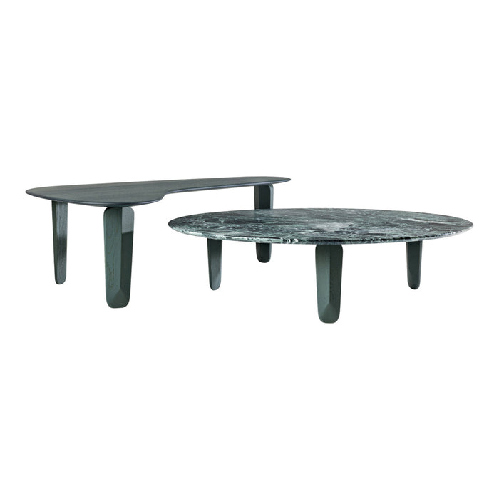 Stylish coffee tables in a deep green finish with a smooth matte surface and a sleek marble top pattern.