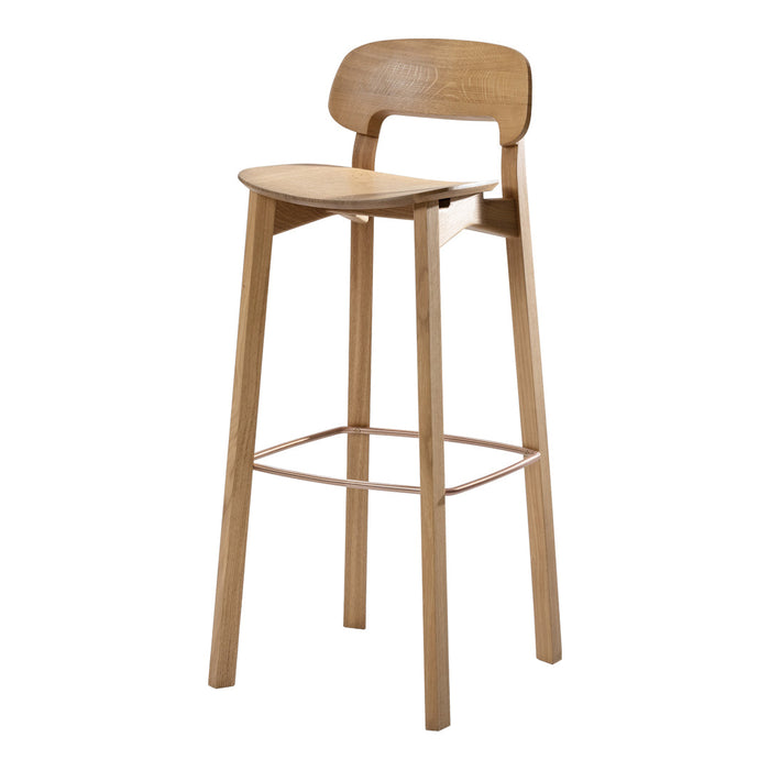 Natural wood bar stool with a smooth finish and minimalist design, featuring light tan and beige tones.
