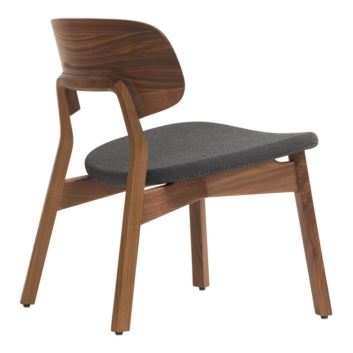 Modern wood chair with a rich walnut finish and a dark gray upholstered seat. Sleek, minimalist design.
