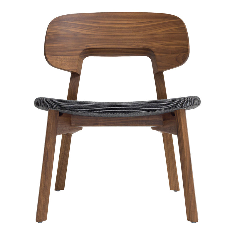 Mid-century modern chair in rich walnut wood with a sleek dark gray fabric seat. Elegant and minimalist design.