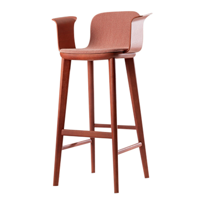 Modern rust-colored wooden bar stool with sleek, minimalist design and rounded backrest. Ideal for contemporary spaces.