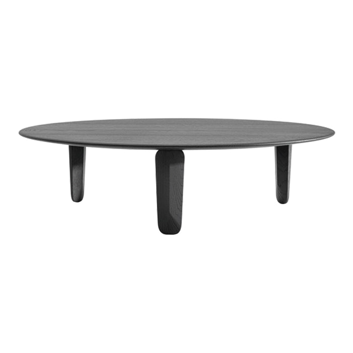 Round coffee table in matte black with a sleek, minimalist design and tapered legs. Perfect for modern decor.