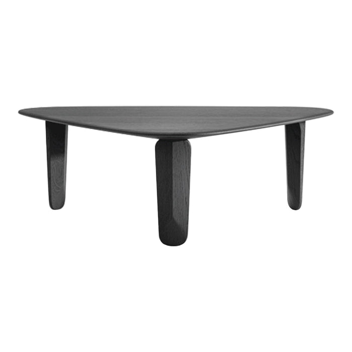 Triangular black coffee table with smooth finish and sleek, minimalistic design. Perfect for modern decor.