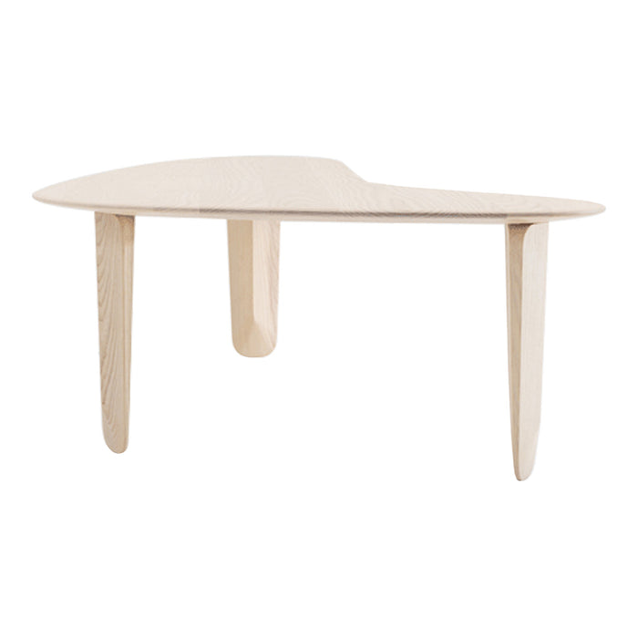 Light wood table with an organic, curved shape and three minimalist legs, perfect for modern decor.