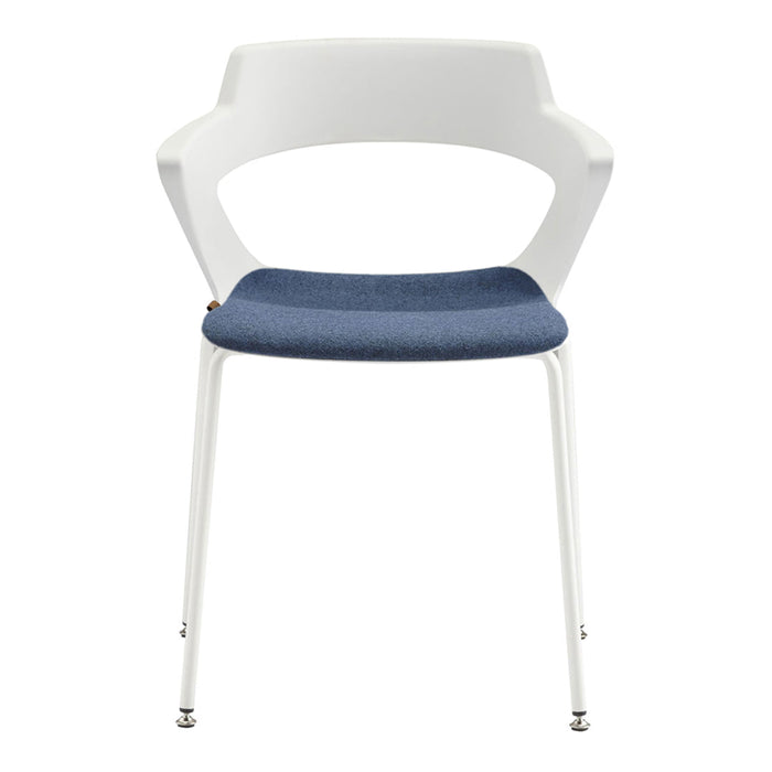 Stylish white chair with a blue fabric seat, featuring a modern, smooth design and simple color contrast.