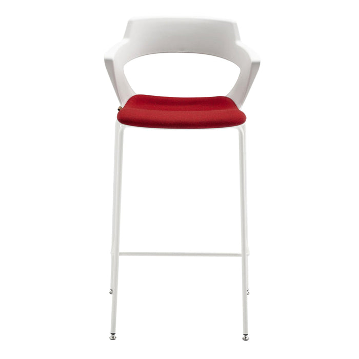 White bar stool with a vibrant red cushion, featuring a modern, minimalist design and sleek lines.