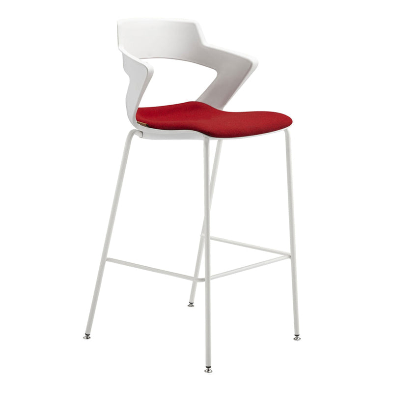 Modern white bar stool with a sleek design and vibrant red seat cushion, perfect for contemporary decor.