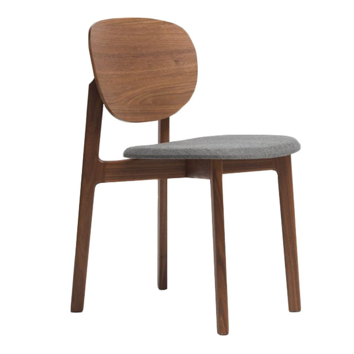 Wooden chair with a walnut finish and a sleek gray fabric seat, featuring a minimalist design and smooth lines.