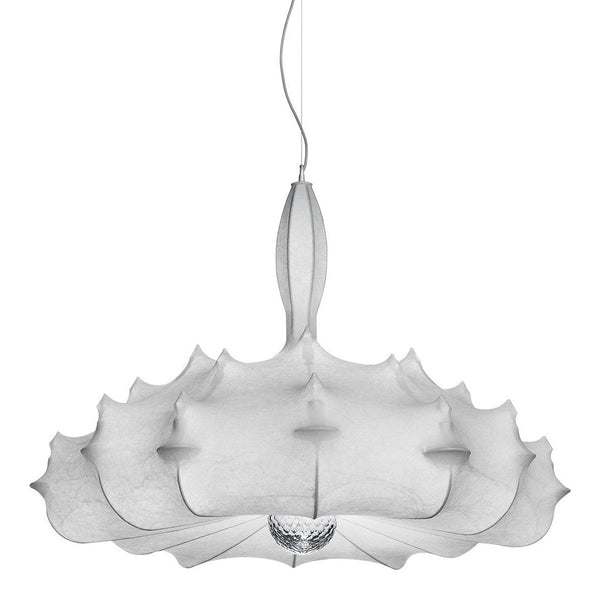 White floral-patterned pendant lamp with a sleek, modern design and elegant curves. Ideal for contemporary decor.