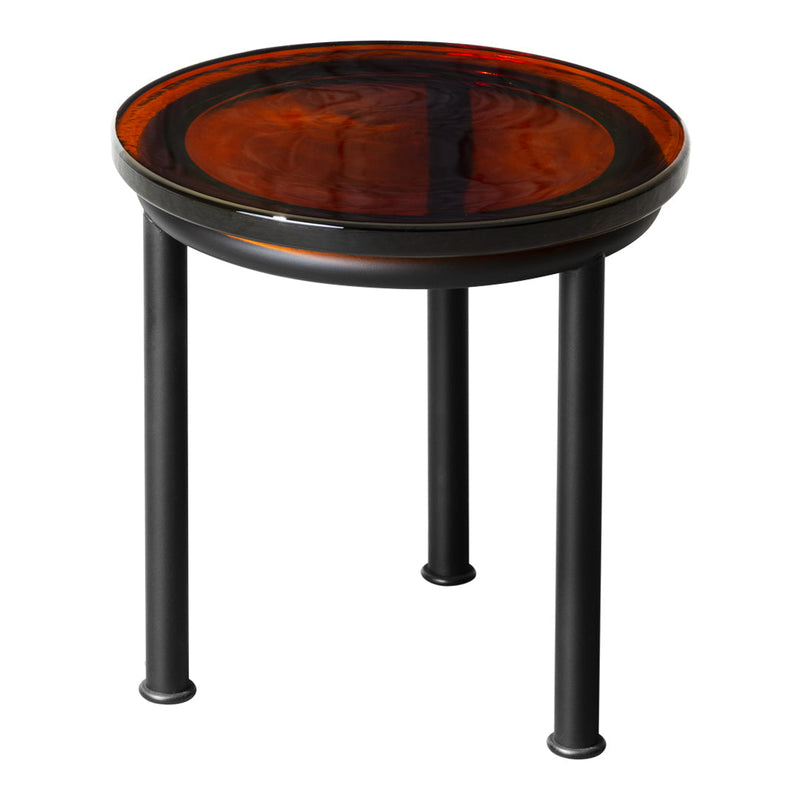 Round side table with a warm amber top and sleek black metal legs, featuring a smooth, glossy finish.