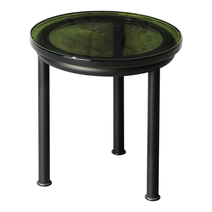 Round table with a glossy green top and black metal legs, featuring a sleek and modern design.