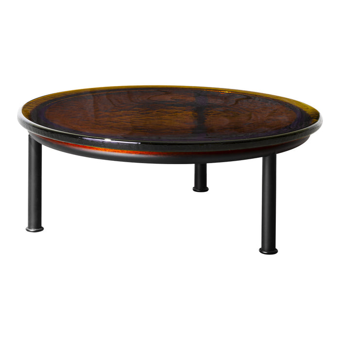 Round coffee table with a rich dark wood finish and a glossy amber edge, featuring sleek black legs.