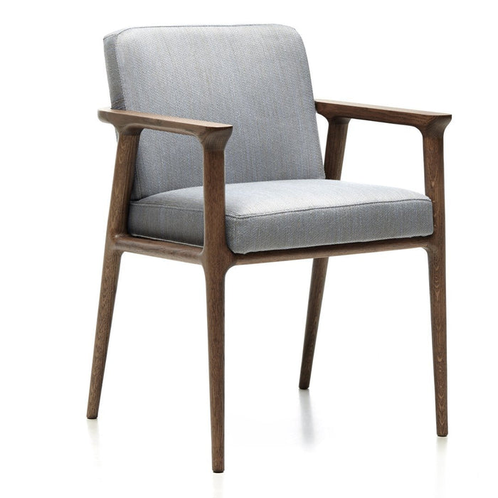 Gray upholstered chair with a textured pattern and wooden legs for a stylish, modern accent.