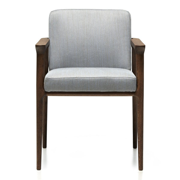 Gray upholstered armchair with a subtle striped pattern and dark wood frame. Ideal for modern decor.