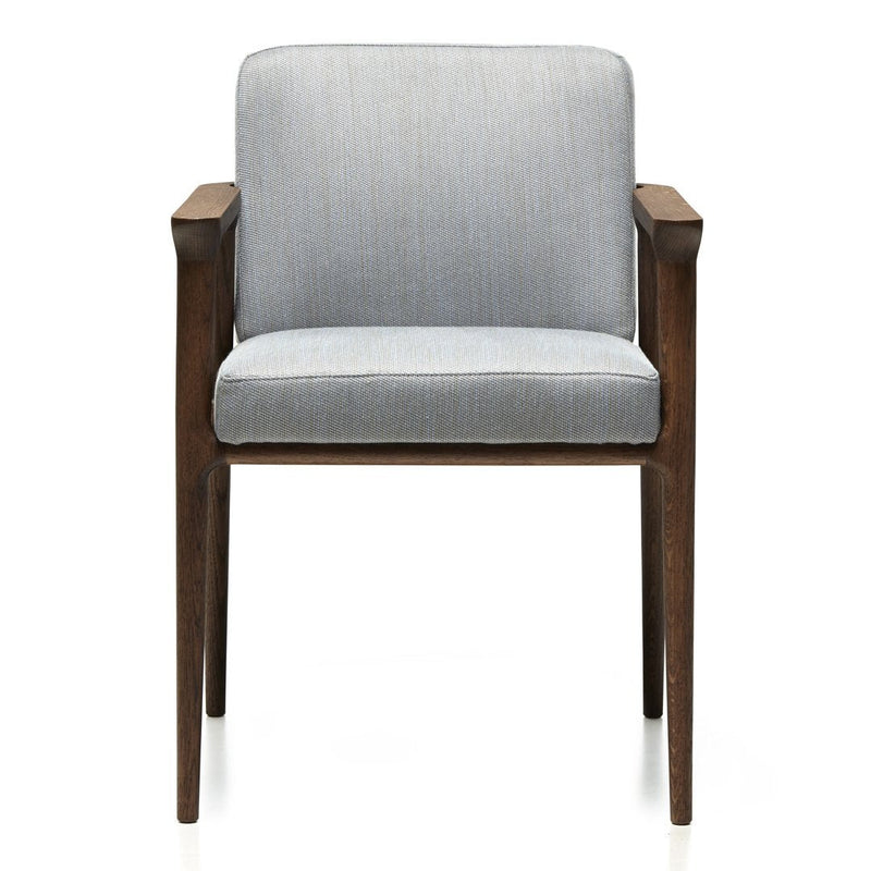 Gray upholstered armchair with a subtle striped pattern and dark wood frame. Ideal for modern decor.