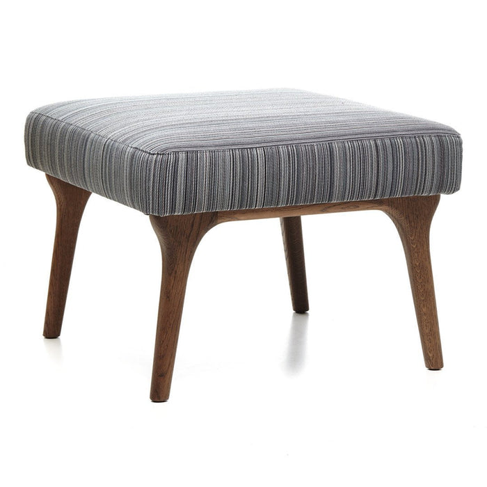 Gray striped upholstered ottoman with wooden legs, featuring a modern design and textured fabric.