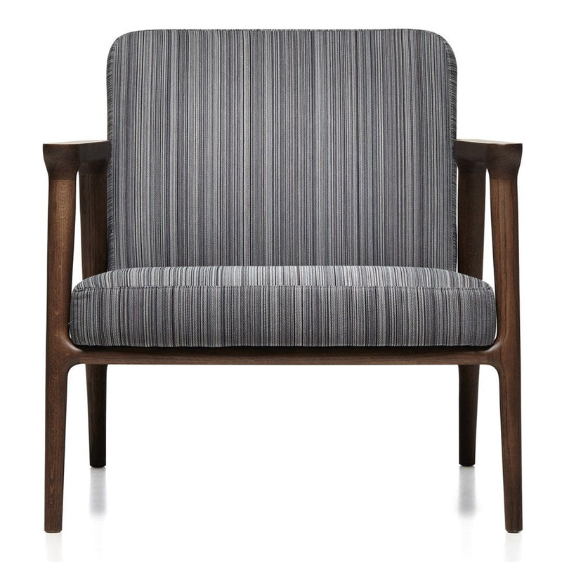 Gray striped fabric armchair with a wooden frame. Modern design with vertical patterns for a stylish touch.
