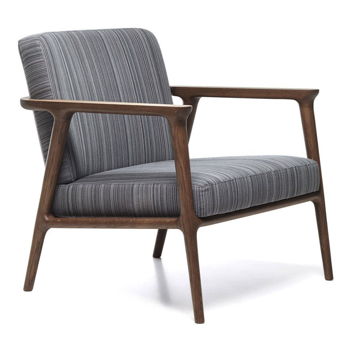 Gray and white striped fabric armchair with wooden legs, featuring a modern and minimalist design.